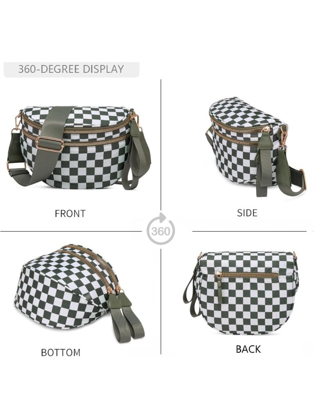 Women's Beans Green Spacious Checkered Double-Zipper Compartments Crossbody Bags - Picture 6 of 6